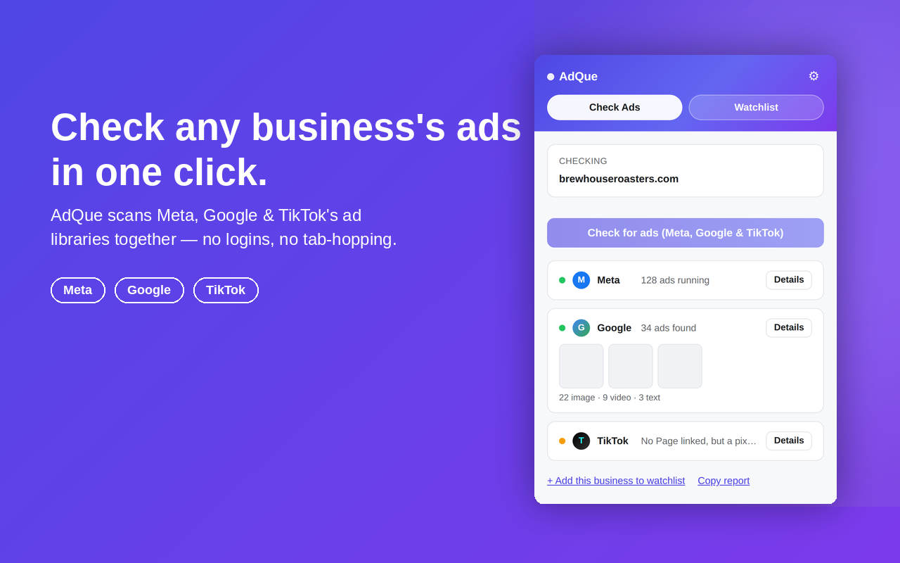 AdQue popup checking brewhouseroasters.com for ads, showing Meta with 128 ads running, Google with 34 ads found, and TikTok with no page linked